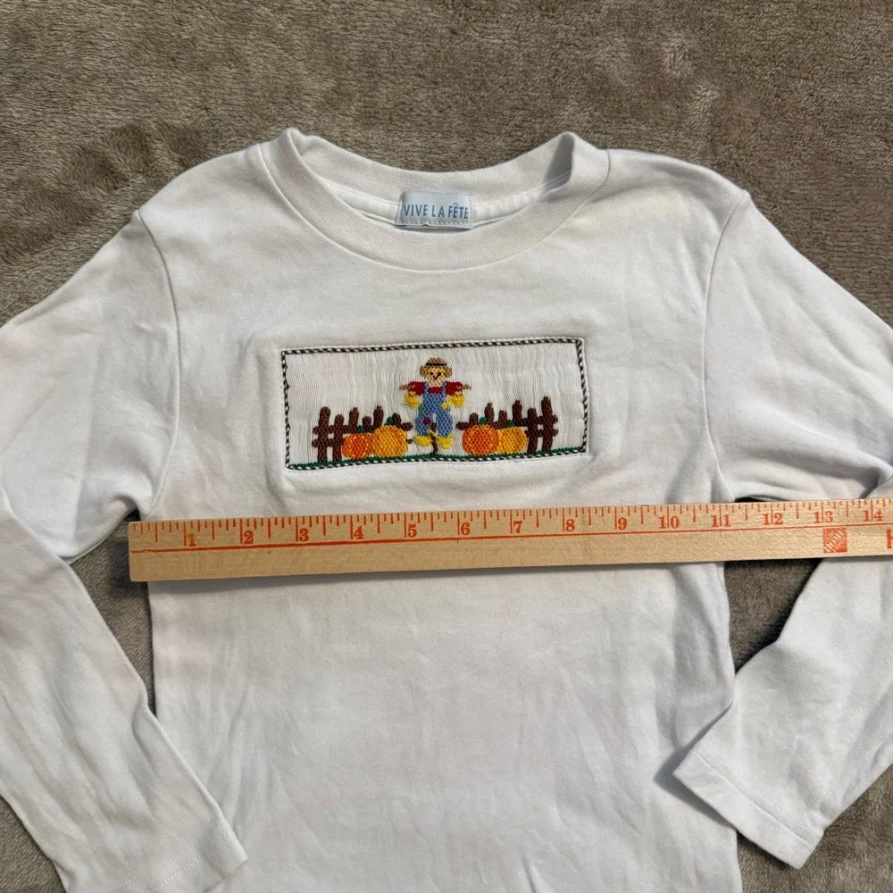 Vive La Fete Kids White Long Sleeve Smocked Scarecrow Pumpkin Fall T-Shirt